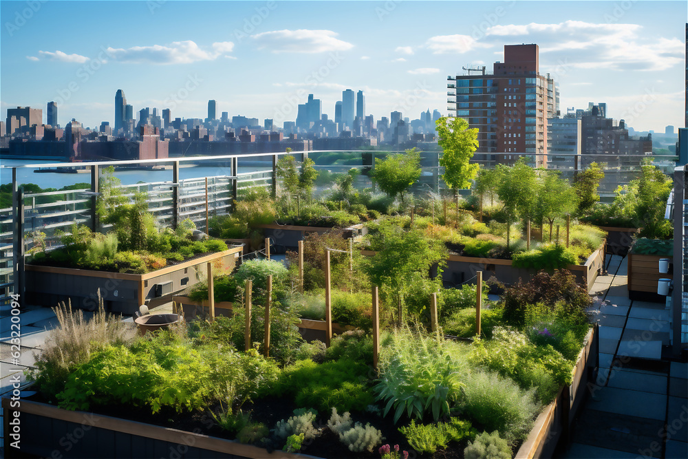 Fototapeta premium Gardens on the roofs of the modern city, the concept of urban greening and ecological future