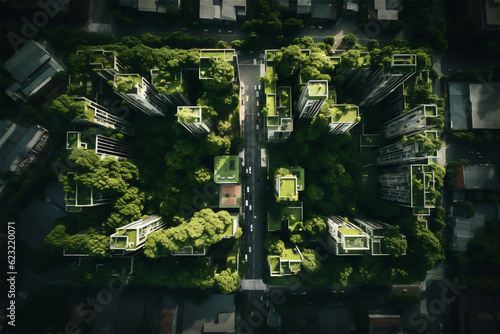 A modern green city with a lot of trees and plants near multi-storey buildings and rooftop gardens  aerial view