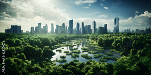 A modern city with a lot of trees and plants near multi-storey buildings, the concept of green city and ecological future