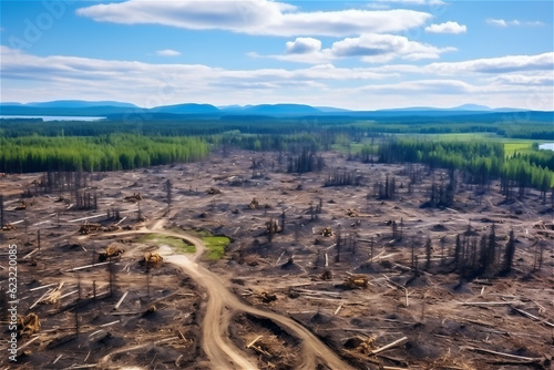 Deforestation, aerial drone photo of logging in forest and destroying the environment