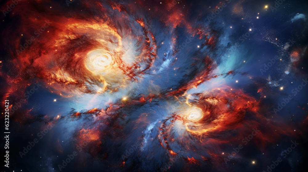 Cosmic ballet of spiral galaxies colliding, a celestial dance of stars and gas clouds, vibrant colors, space telescope imagery, high resolution, spectacular, Hubble inspired