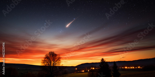 Comet streaking across a star - filled night sky, trailing fiery hues behind, dynamic, awe - inspiring, night landscape © Marco Attano