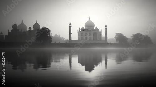 High contrast monochrome shot of the Taj Mahal reflecting in the still waters of the Yamuna river at dawn