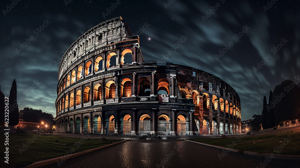 Naklejka premium Rome's Colosseum at night under a full moon, stars scattered across the sky, lights illuminating the ruins, a dramatic contrast to the dark sky
