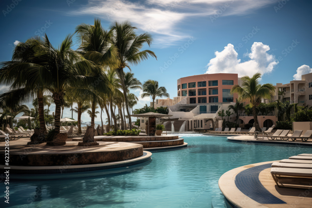 image of a beautiful resort in cancun, hyperrealism, details, Canon, ai generated.