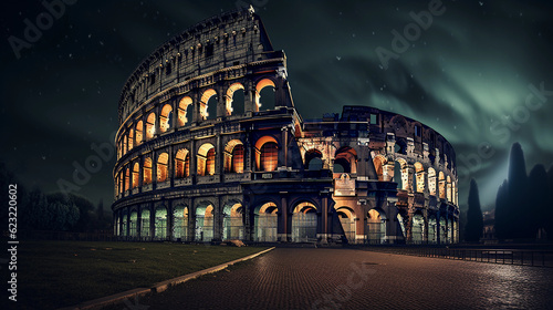 Rome's Colosseum at night under a full moon, stars scattered across the sky, lights illuminating the ruins, a dramatic contrast to the dark sky