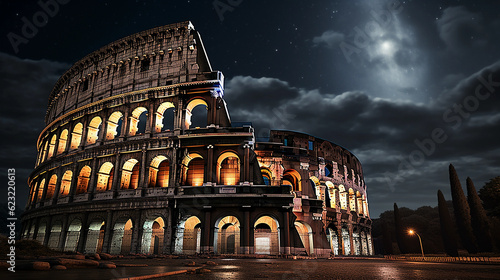 Rome's Colosseum at night under a full moon, stars scattered across the sky, lights illuminating the ruins, a dramatic contrast to the dark sky