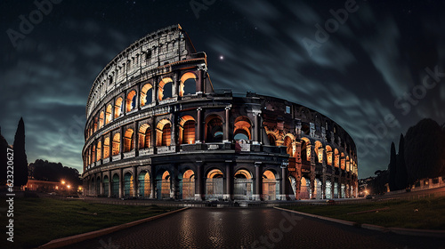 Fotografering Rome's Colosseum at night under a full moon, stars scattered across the sky, lig