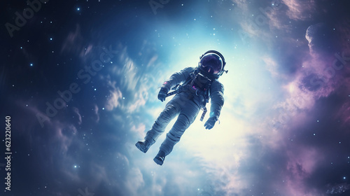Silhouette of an astronaut suspended in zero gravity, starkly contrasted against a soft, watercolor galaxy backdrop in pastel hues, soft glow effect, peace and serenity © Marco Attano