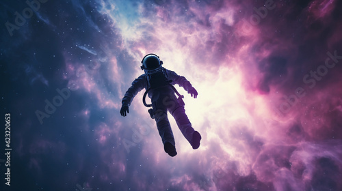Silhouette of an astronaut suspended in zero gravity, starkly contrasted against a soft, watercolor galaxy backdrop in pastel hues, soft glow effect, peace and serenity