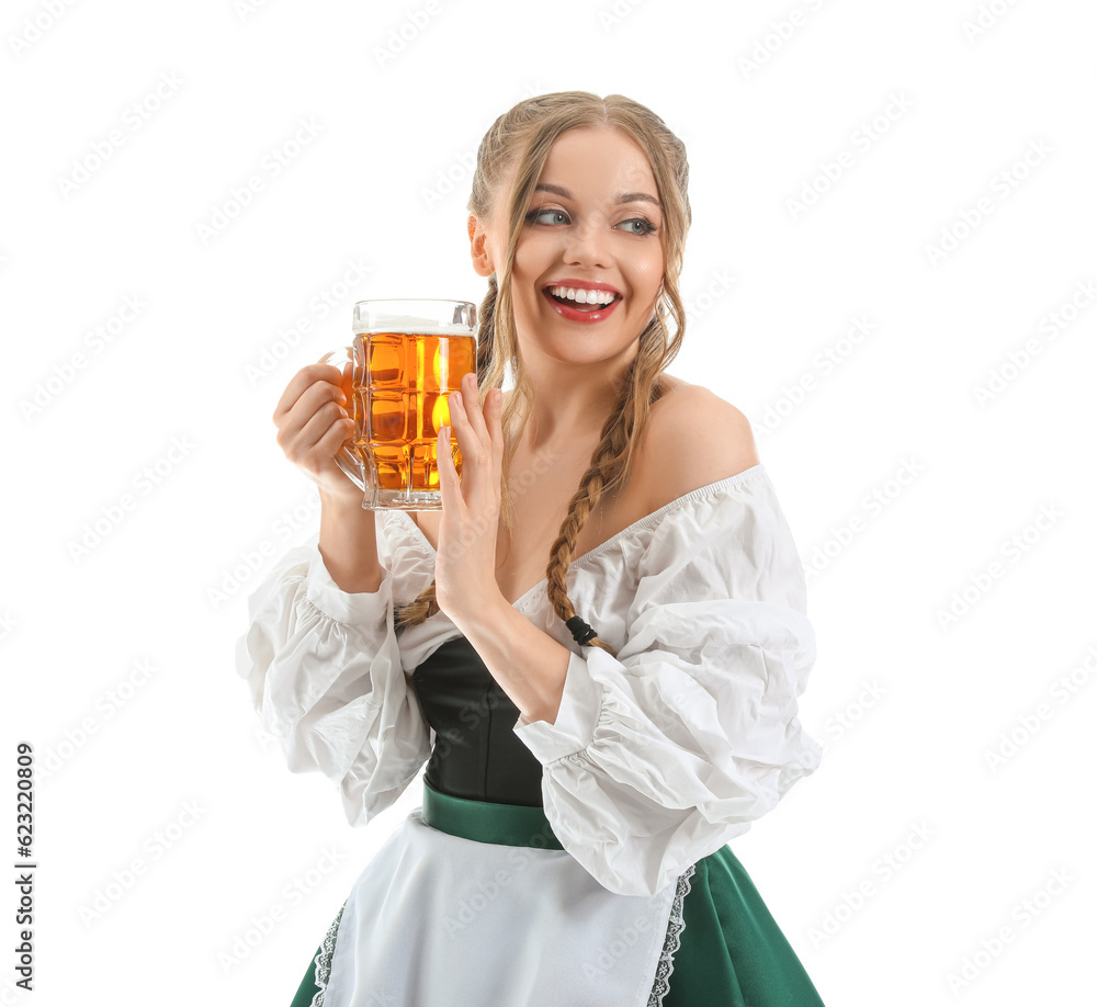 Beautiful Octoberfest waitress with beer on white background Beautiful Octoberfest waitress with beer on white background
