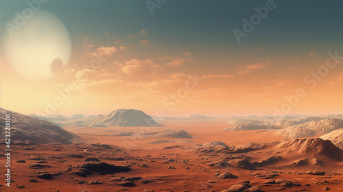 the Mars surface  ochre - hued  dusty terrain  starry sky backdrop  exploring the Red Planet  high definition