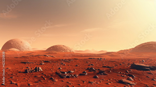 the Mars surface, ochre - hued, dusty terrain, starry sky backdrop, exploring the Red Planet, high definition