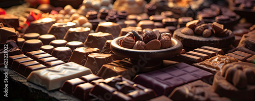 variety finest chocolate pralines on table. wide banner