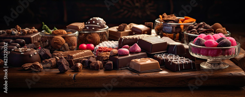 variety finest chocolate pralines on table. wide banner