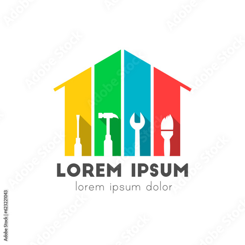 House and tools concept. Facility management logo with work tool icons as repair, building maintenance, home renovation symbol. Colorful vector illustration, flat design isolated on white background.