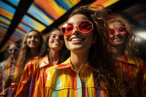 girl with friends dressed in colourful rainbow clothing