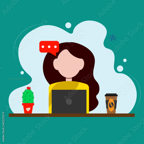A girl at a computer with plants in a flat style.