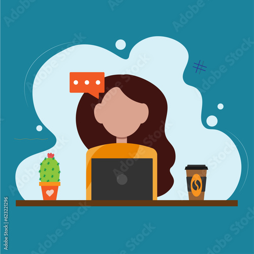 A girl at a computer with plants in a flat style.