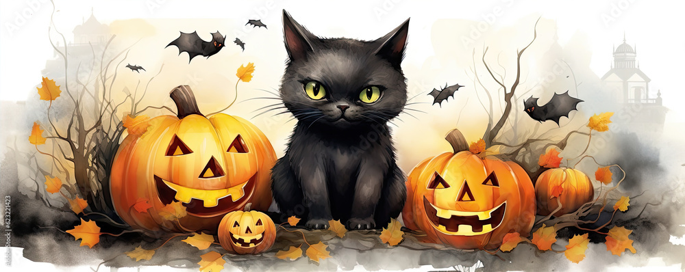 Black cat with pumpkins in halloween time. cartoon stzly photo Black cat with pumpkins in halloween time. cartoon stzly photo