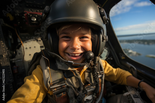 A smiling Young boy pilot on a jet plane © LAYER-LAB