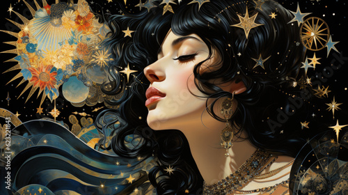 Art Nouveau tarot and mindfulness woman illustration