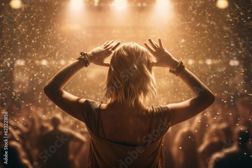 woman at the festival, party, Woman from Behind in Front of a Festival, with People Dancing on Stage, Rocking the Summer Festival Vibe, Embellished with Golden Hues