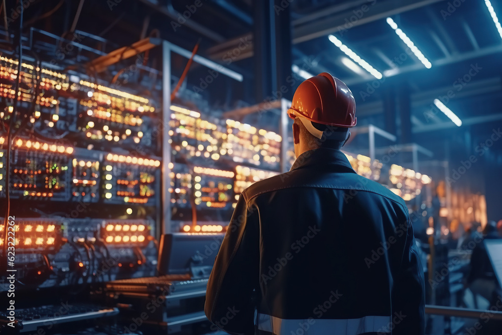 Labor day, man working in factory, back view, generative ai Labor day, man working in factory, back view, generative ai