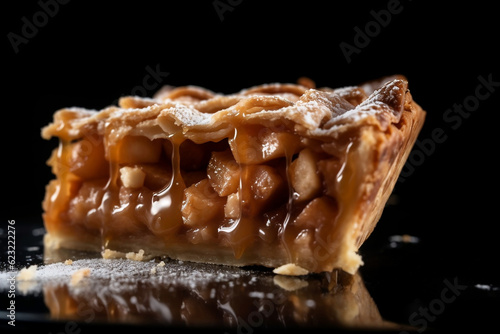 a close up shot of A slice of apple pie on a shiny surface with a black background, AI generated art, Generative AI, illustration,
