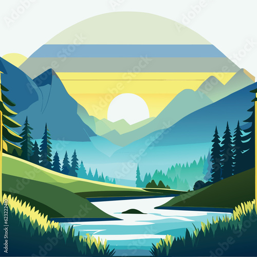 Background image of mountains, rivers, forests, and grasslands in the early morning, vector illustration cartoon
