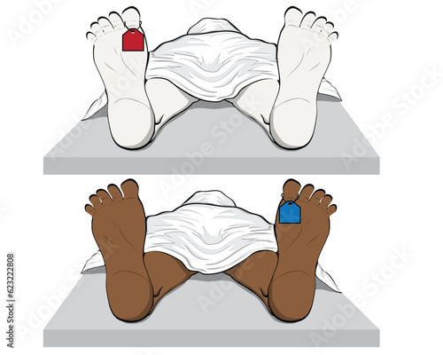 vector cartoon illustration of two human corpses covered in white cloth one white and one black with red and blue identification marks tied around their big toes. This type of illustration is usually 