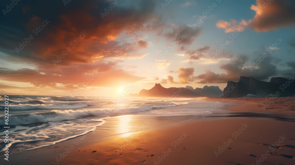 Serene Paradise: Majestic Mountains, Pristine Beach, and Sunset Over the Ocean