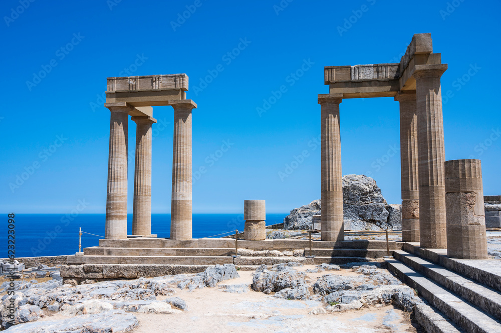 Temple ruins at Lindos Acropolis. Rhodes, Greece