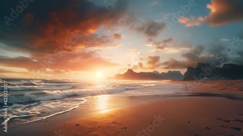 Serene Paradise: Majestic Mountains, Pristine Beach, and Sunset Over the Ocean © Martin Studio