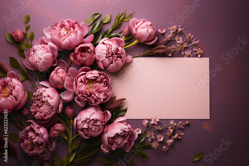 Fototapeta Naklejka Na Ścianę i Meble -  An empty white postcard in the middle, several pink peonies arranged as a frame, on pink background. Top view. Flat lay. Copy space for text. Generative AI image