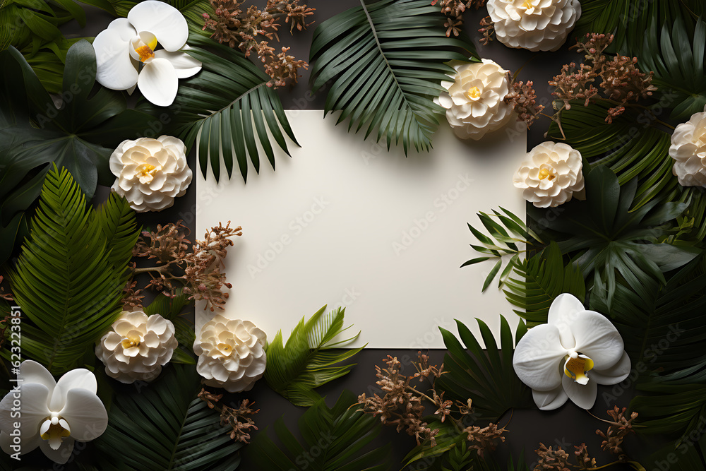 An empty white postcard in the middle, several palm tree leaves and white flowers arranged as a frame, on dark green background. Top view. Flat lay. Copy space for text. . Generative AI image An empty white postcard in the middle, several palm tree leaves and white flowers arranged as a frame, on dark green background. Top view. Flat lay. Copy space for text. . Generative AI image