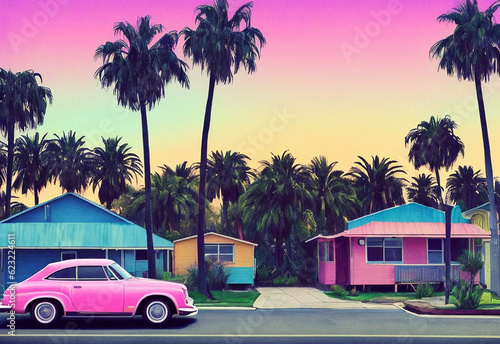 Foto A pink car is parked on a street lined with one-story houses and palm trees