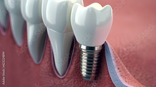 A dental model for a dentist demonstrating a titanium metal dental implant screw. Generative AI.