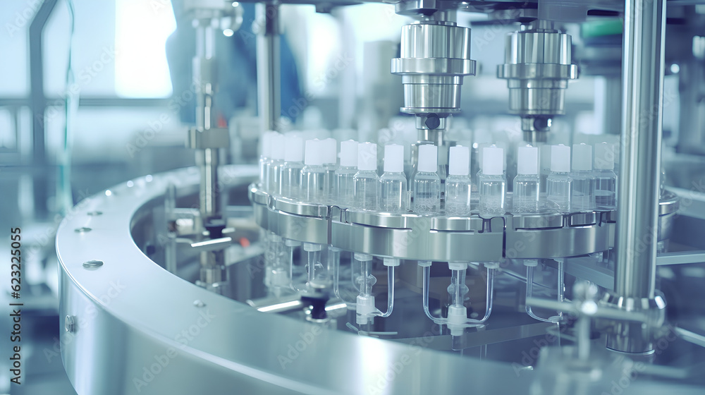 Mass production of the vaccine in the laboratory, vials of the substance are moved along the pharmaceutical conveyor belt in the research laboratory. Generative AI. Mass production of the vaccine in the laboratory, vials of the substance are moved along the pharmaceutical conveyor belt in the research laboratory. Generative AI.
