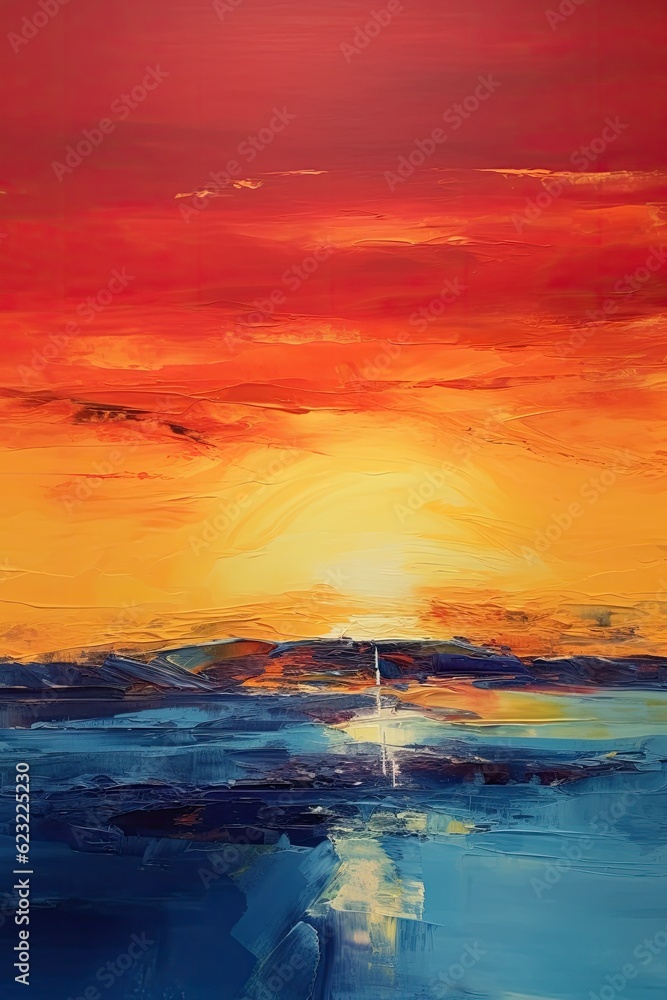 vertical painted landscape summer sea sunset painted with acrylics 