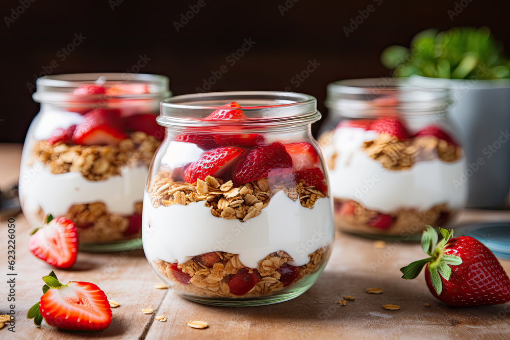 strawberry parfaits made with fresh strawberries, yogurt and granola over a rustic table. strawberry parfaits made with fresh strawberries, yogurt and granola over a rustic table.