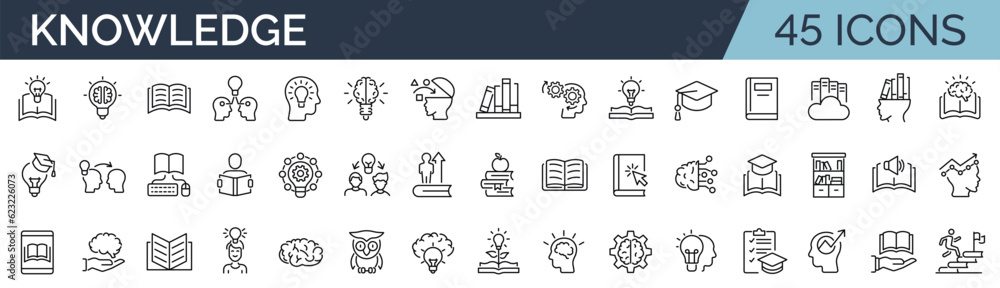 Set of 45 outline icons related to knowledge. Linear icon collection. Editable stroke. Vector illustration Set of 45 outline icons related to knowledge. Linear icon collection. Editable stroke. Vector illustration