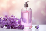 Bottle of liquid soap with serum, cosmetic gel, bast wisp and lilac flowers