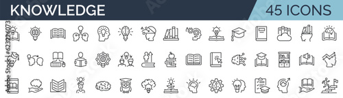 Set of 45 outline icons related to knowledge. Linear icon collection. Editable stroke. Vector illustration