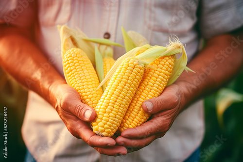 A man holds corn in front of a ripening field. Farmer's hands close up. The concept of planting and harvesting a rich harvest. 