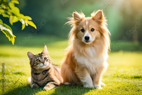 The cat and dog share a playful camaraderie, their eyes fixed on the delicate creature fluttering in the air. Sunlight bathes the scene, casting a warm glow over the furry friends. AI-Generated © Muhammad