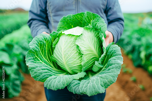 A man holds cabbage against the backdrop of a ripening field. Farmer's hands close up. The concept of planting and harvesting a rich harvest