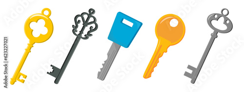 Set of beautiful colored keys in cartoon style. Vector illustration of door keys of different shapes and designs isolated on white background. Ancient and modern keys for closing and opening doors.