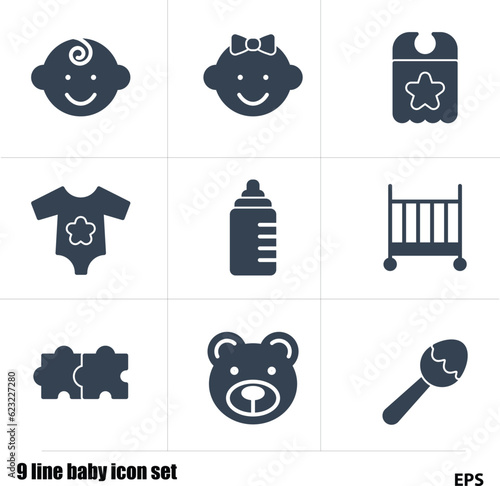 9 line baby icon set