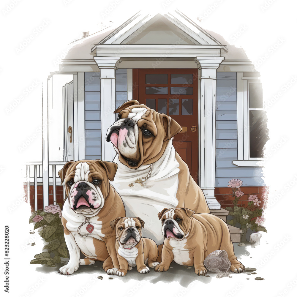 English Bulldog Mother's Day t-shirt design, showcasing a modern and minimalist illustration of a mother English Bulldog with her puppies, Generative Ai